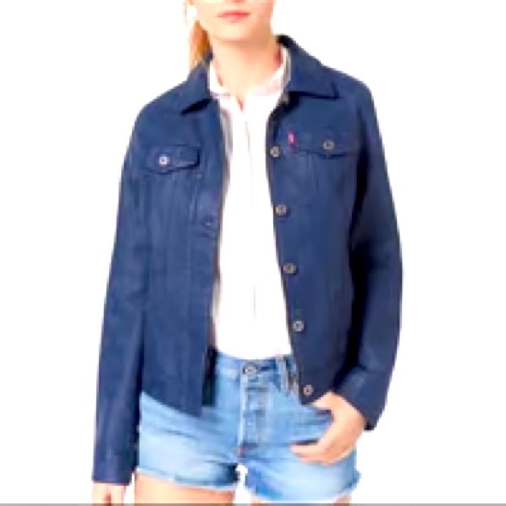 LEVIS Womens Sz L Blue Dark Wash Button Up Jean Jacket NWOT